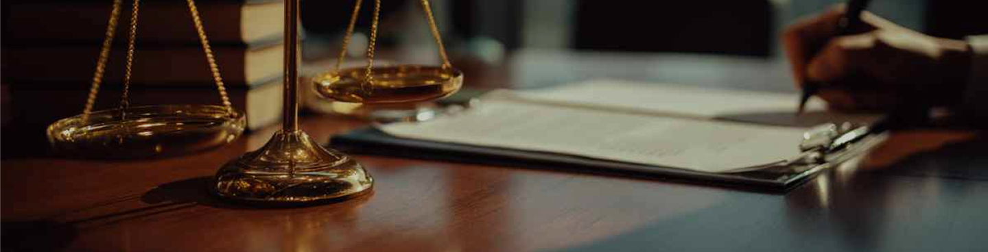 Balanza de justicia sobre escritorio legal